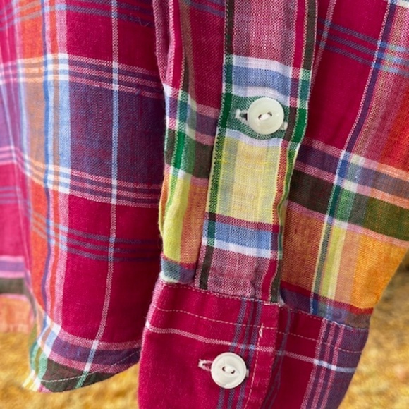Men's POLO - Ralph Lauren - Bright Multi Colored Plaid Linen L. S. Shirt - L - Picture 3 of 12